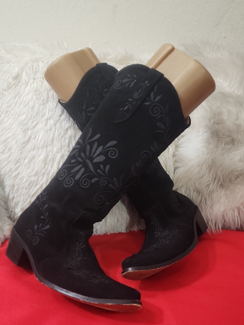 Agave Sky Black Embroidered Knee-High Combat Boots with Low Block Heel
